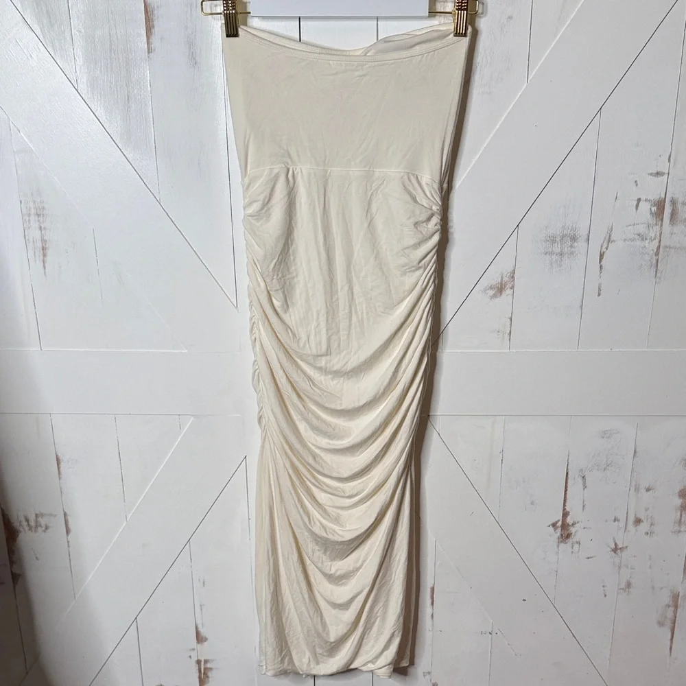 Klassy Network Cream Strapless Midi Dress with Thigh Slit